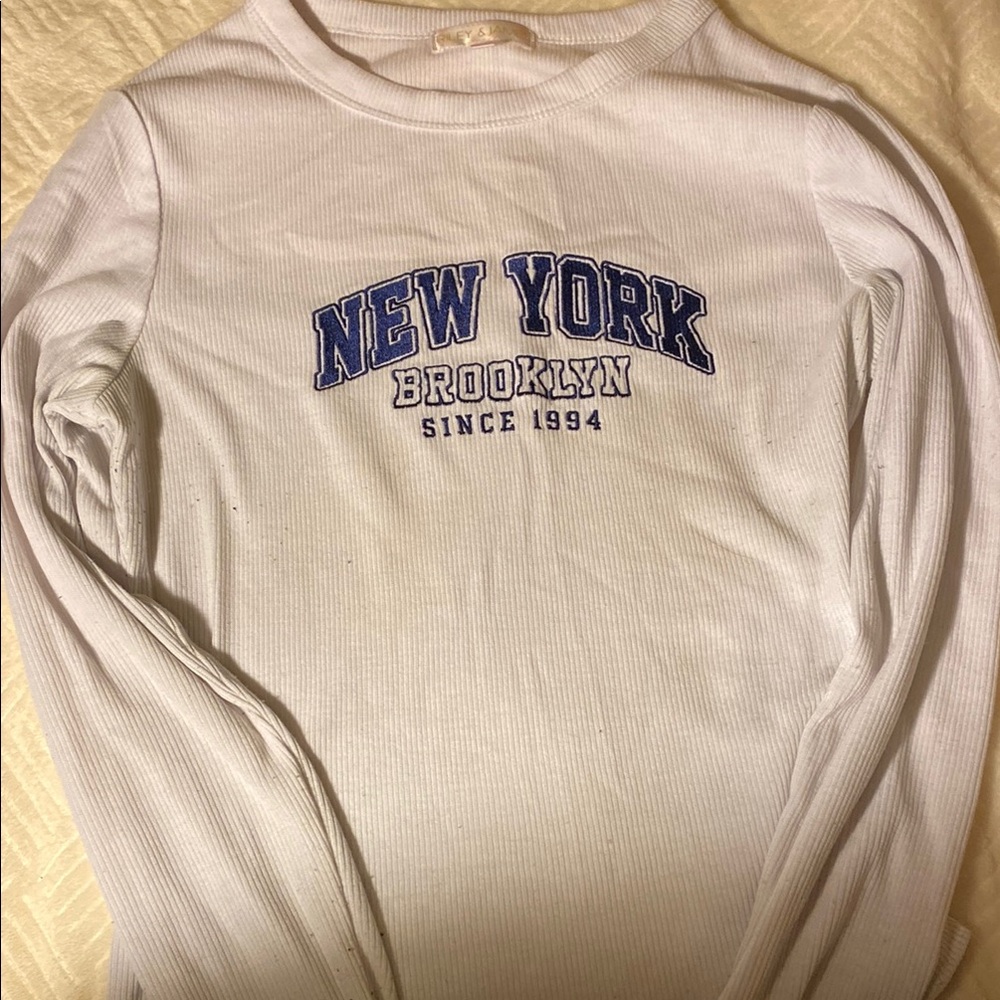 White Long Sleeve Tee with Blue Print